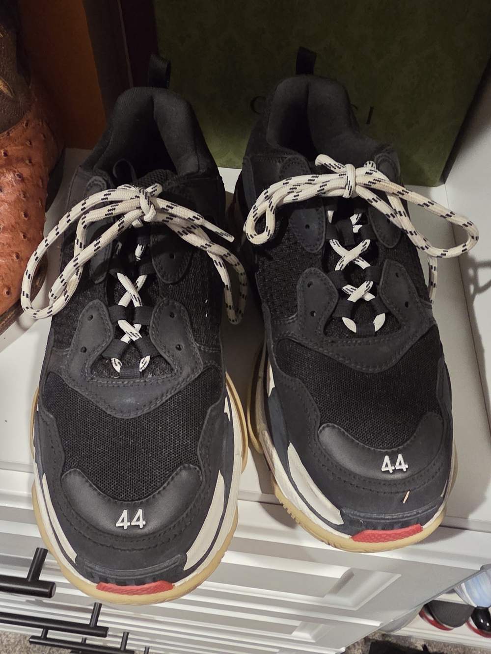 Balenciaga Black Triple S-Style Chunky Sneakers with Cream Laces Size 44